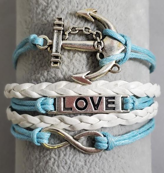 AZ1164 Light Blue Love Anchor Infinity Layer Leather Bracelet