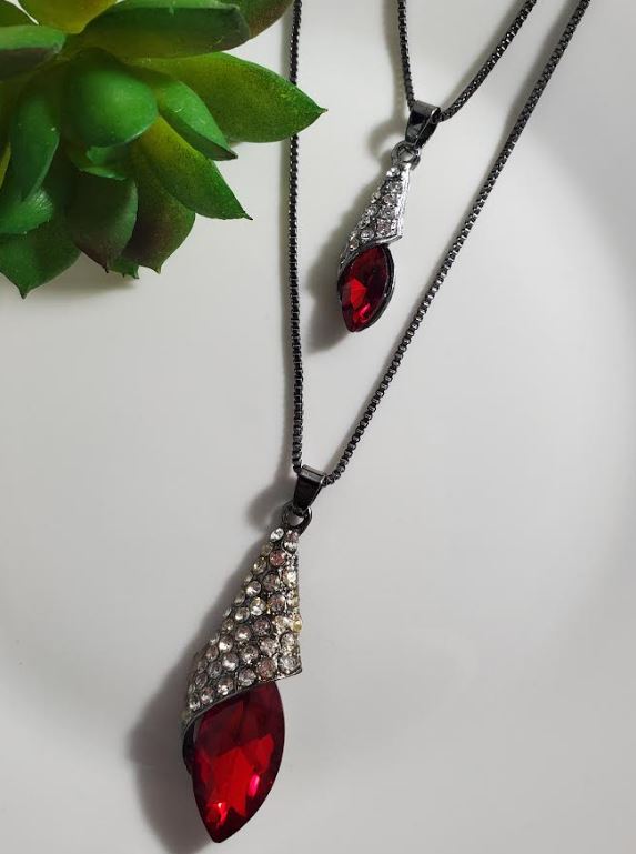 AZ339 Gun Metal Red Gemstone Necklace with FREE Earrings
