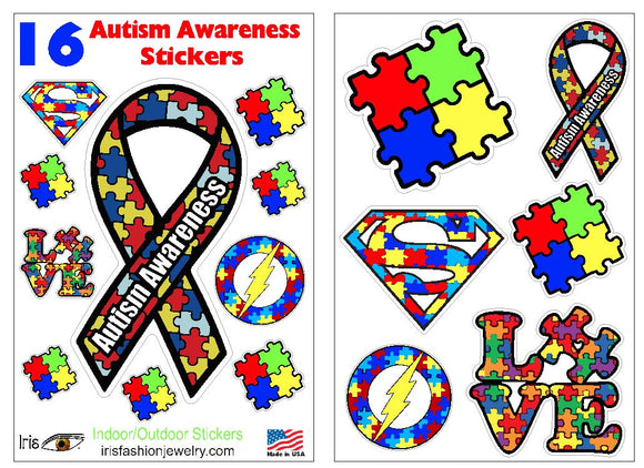 L214 Pack of 16 Autism Awareness Stickers - Iris Fashion Jewelry