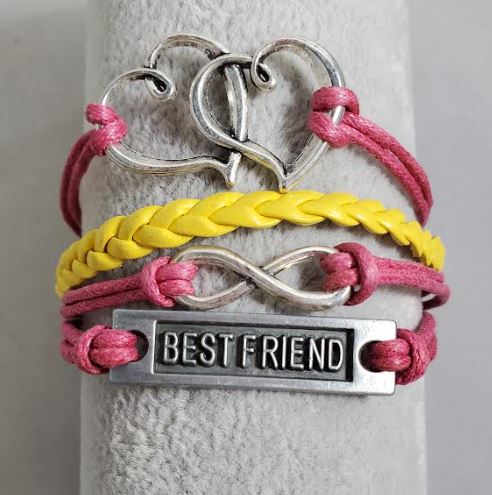 AZ792 Hot Pink & Yellow Bestfriend Heart Infinity Layer Leather Bracelet