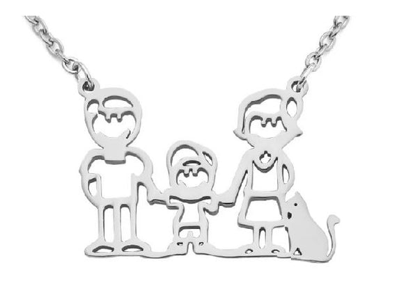 AZ446 Silver Boy & Cat Family Necklace with FREE EARRINGS