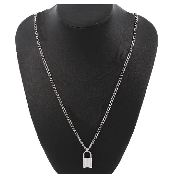 AZ106 Silver Long Chain Padlock Necklace with FREE EARRINGS - Iris Fashion Jewelry