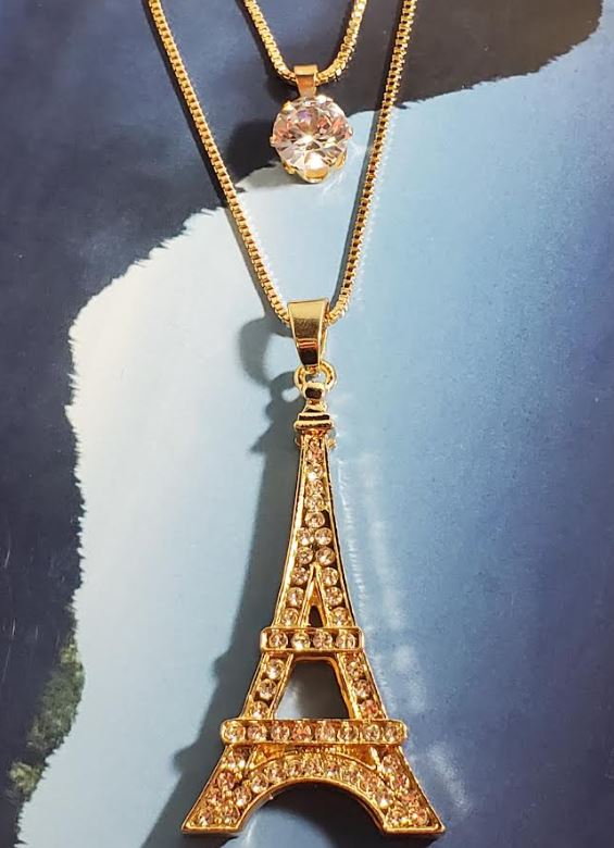 AZ147 Gold Rhinestone Eiffel Tower Necklace with FREE Earrings