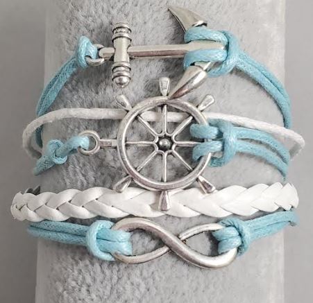 AZ383 Light Blue & White Anchor Ship Wheel Infinity Leather Layer Bracelet