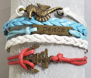 AZ740 Blue White Red Peace Seahorse Anchor Infinity Leather Layer Bracelet