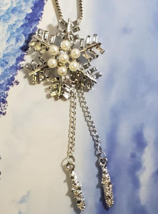 AZ497 Silver Pearl Snowflake Tassel Necklace with FREE EARRINGS