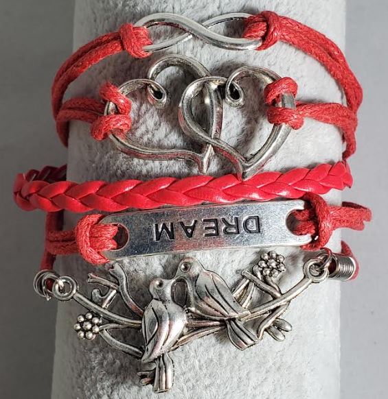 AZ287 Red Heart Dream Birds Infinity Leather Layer Bracelet