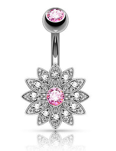 P135 Silver Pink Center Rhinestone Flower Belly Button Ring - Iris Fashion Jewelry