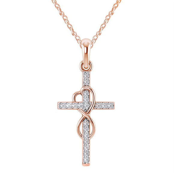 N2209 Rose Gold Dainty Rhinestone Cross Necklace FREE Earrings - Iris Fashion Jewelry