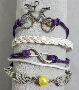 AZ937 Purple & White Bicycle Wing Infinity Layer Leather Bracelet