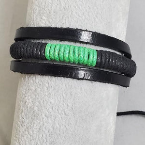 B611 Green Black Leather Pull Cord Bracelet