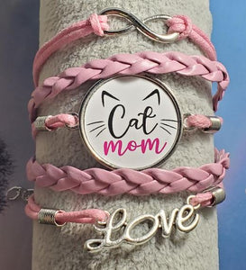 B147 Light Pink Cat Mom Layer Leather Bracelet - Iris Fashion Jewelry