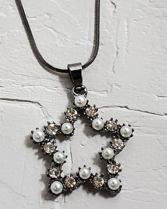 AZ598 Gun Metal Pearl & Rhinestone Star Necklace with FREE Earrings