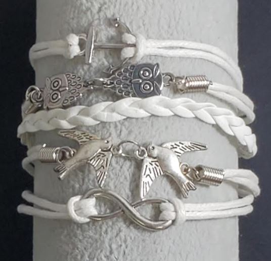 AZ659 White Anchor Owl Dove Infinity Leather Layer Bracelet