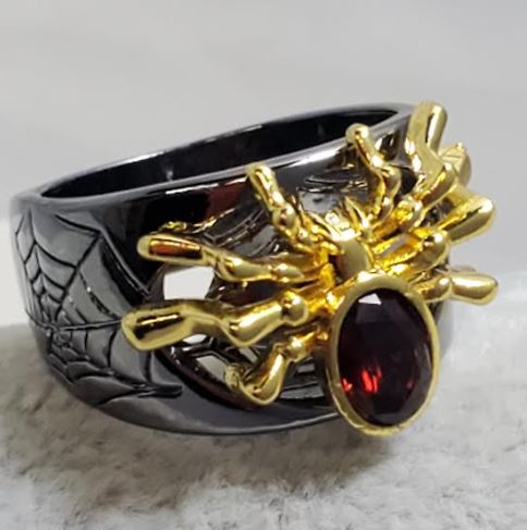 R713 Gun Metal Gold Spider Red Gem Ring - Iris Fashion Jewelry