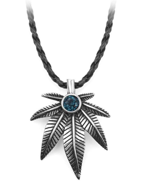 AZ848 Silver Blue Gem Pot Leaf on Leather Cord Necklace with FREE EARRINGS