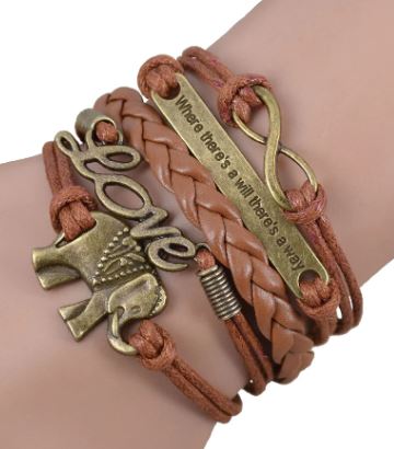 AZ1218 Brown Where There's A Will There's A Way Elephant Love Infinity Layer Leather Bracelet