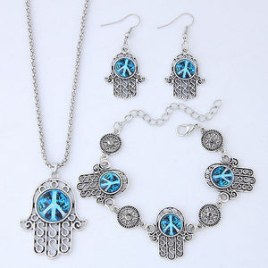 N1283 Silver Blue Peace Sign Hand Necklace with FREE Earrings & FREE Bracelet - Iris Fashion Jewelry