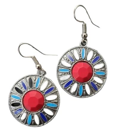E524 Silver Red Gem Bohemian Style Earrings