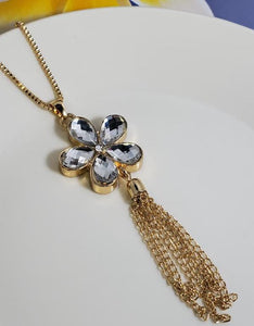 AZ950 Gold Crystal Flower Tassel Necklace with FREE Earrings