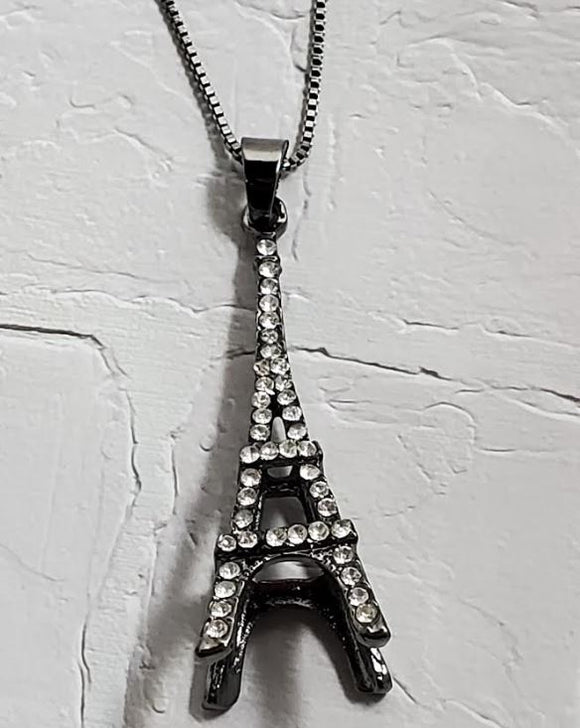 AZ596 Gun Metal Rhinestone Eiffel Tower Necklace with FREE Earrings