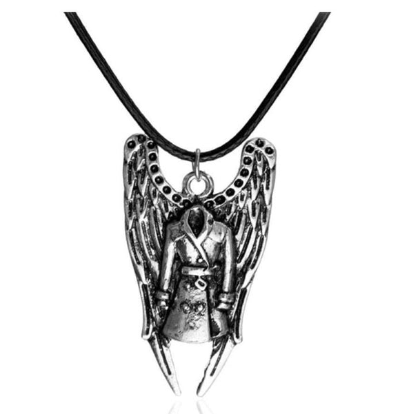 N1667 Silver Trench Coat Wings Leather Cord Necklace with FREE EARRINGS