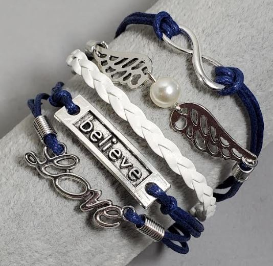 B259 Blue Wings Believe Love Infinity Leather Layer Bracelet - Iris Fashion Jewelry
