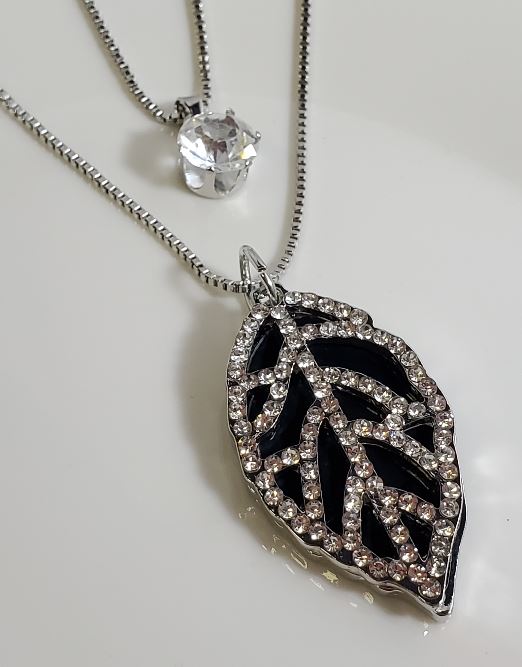 AZ1133 Silver Black Rhinestone Leaf Necklace with FREE Earrings