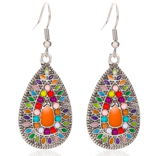 E184 Silver Orange Colorful Teardrop Baked Enamel Earrings