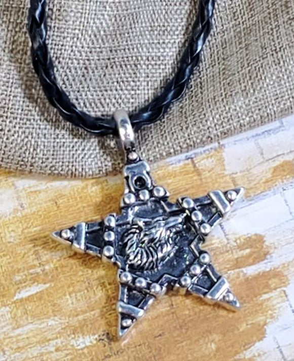 N2094 Silver Wolf Star Pendant on Leather Cord Necklace with FREE EARRINGS