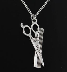 AZ886 Silver Hair Stylist Scissor Comb Necklace with Free Earrings