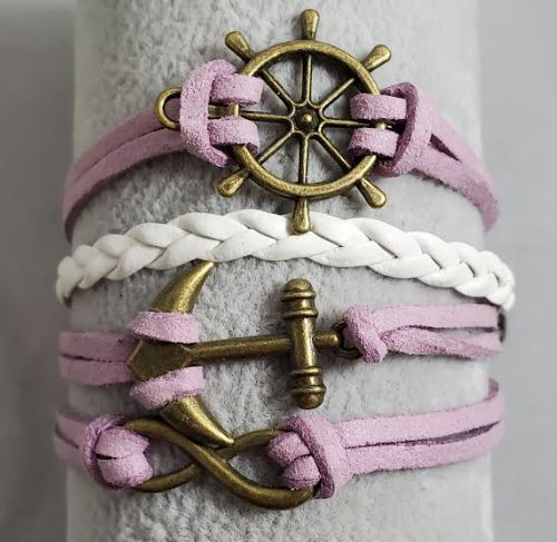 AZ1486 Lilac Ship Wheel Anchor Infinity Layer Leather Bracelet