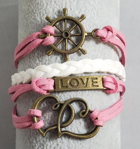 AZ787 Pink & White Love Heart Ship Wheel Infinity Leather Layer Bracelet