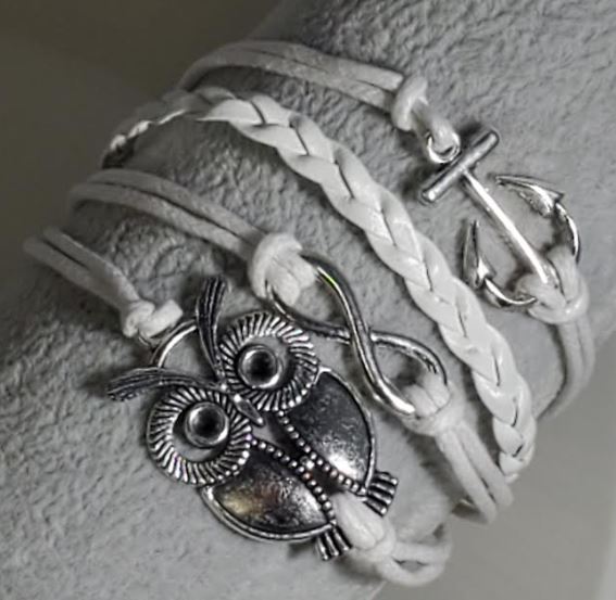 B95 White Owl Anchor Layer Leather Bracelet - Iris Fashion Jewelry