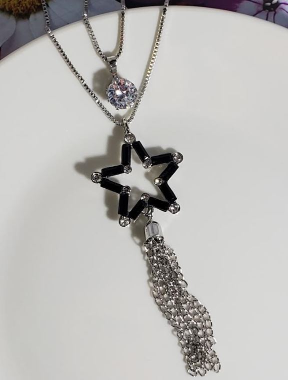 AZ837 Silver Black Star Tassel Necklace With FREE Earrings