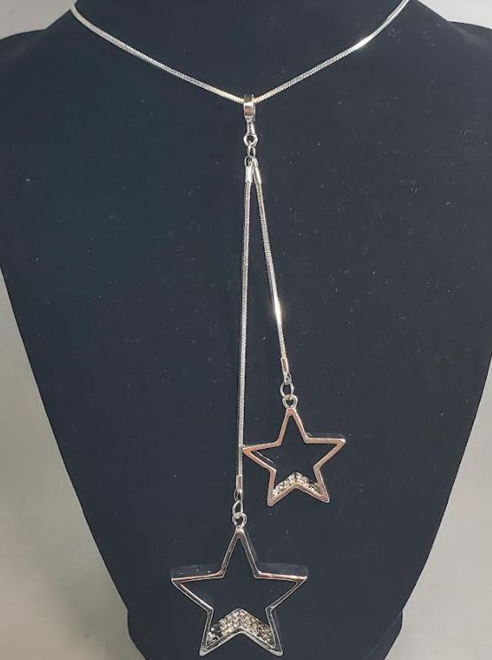 AZ548 Silver Rhinestone Double Star Necklace with FREE Earrings