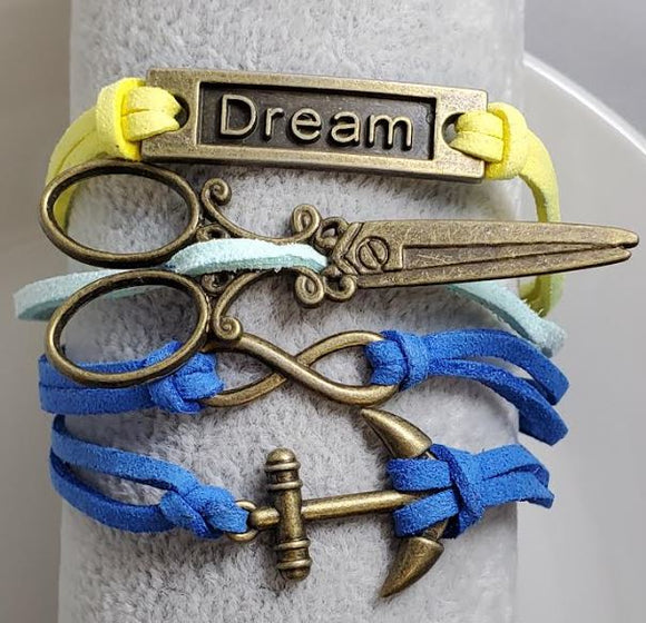 AZ1109 Blue & Yellow Scissor Dream Anchor Infinity Layer Leather Bracelet