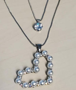 N1756 Silver Pearl Heart Iridescent Rhinestone Necklace with FREE Earrings - Iris Fashion Jewelry