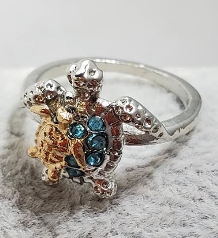 R718 Silver & Gold Blue Rhinestone Turtle Ring - Iris Fashion Jewelry