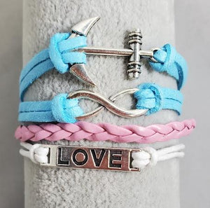 AZ1294 Light Blue Pink & White Love Anchor Infinity Layer Leather Bracelet