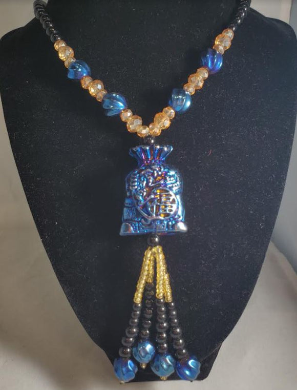 N1600 Black Bead Metallic Blue Money Bag Glass Long Necklace With Free Earrings - Iris Fashion Jewelry