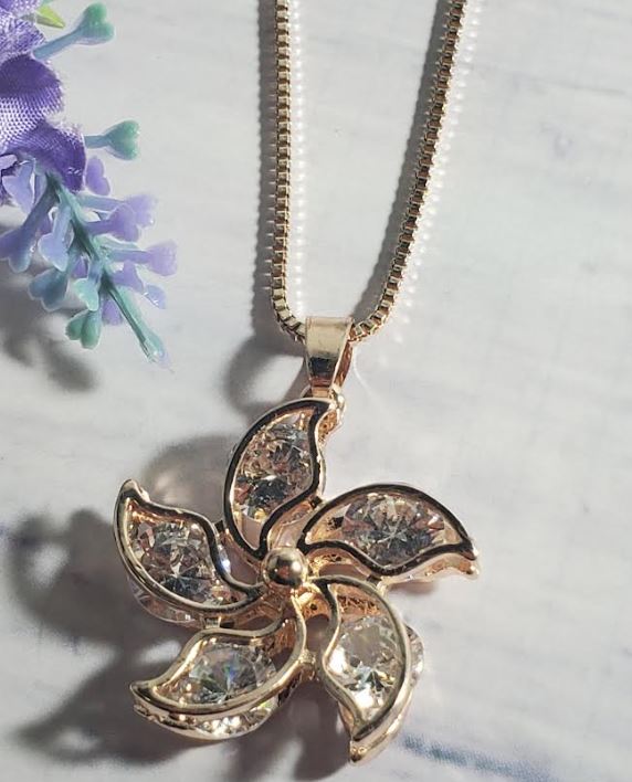 AZ407 Rose Gold Pinwheel Flower Gemstone Necklace with FREE EARRINGS