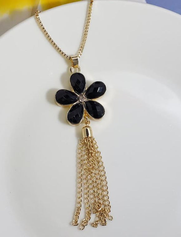AZ843 Gold Black Flower Tassel Necklace with FREE Earrings