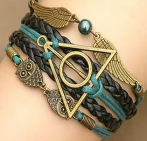 AZ1243 Black & Teal Owl Wing Deathly Hallows Infinity Leather Layer Bracelet