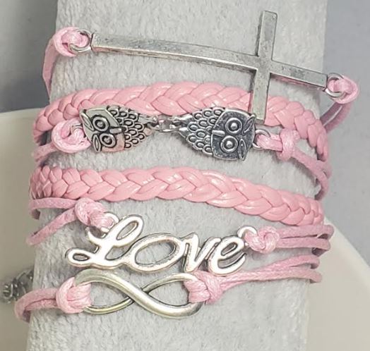 B551 Light Pink Owl Cross Love Layer Leather Bracelet - Iris Fashion Jewelry