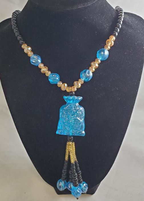 AZ14 Black Bead Fashion Blue Money Bag Glass Long Necklace With Free Earrings - Iris Fashion Jewelry