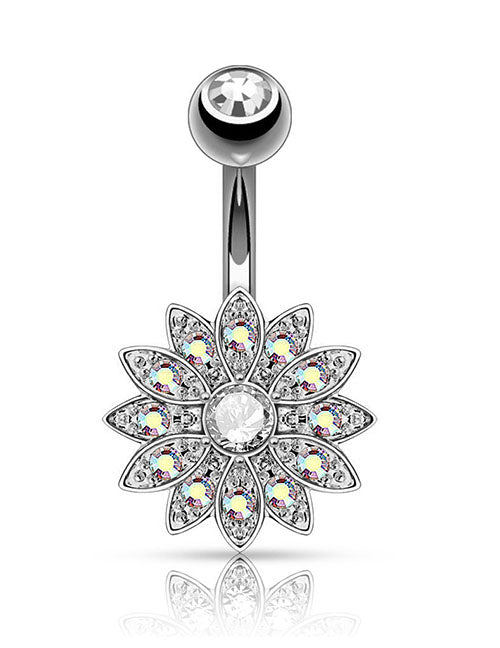 P137 Silver Iridescent Rhinestone Flower Belly Button Ring - Iris Fashion Jewelry