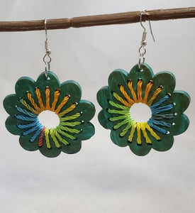 AZ1093 Turquoise Flower Coconut Shell Wooden Earrings