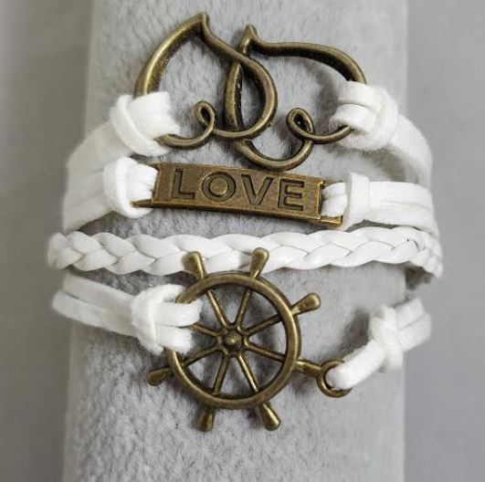 AZ1228 White Love Heart Ship Wheel Infinity Layer Leather Bracelet