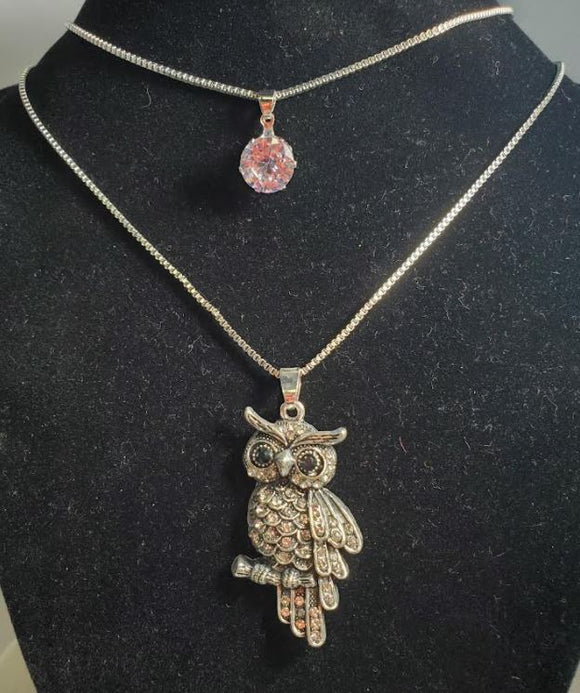 N1289 Silver Rhinestone Owl Necklace with FREE Earrings - Iris Fashion Jewelry